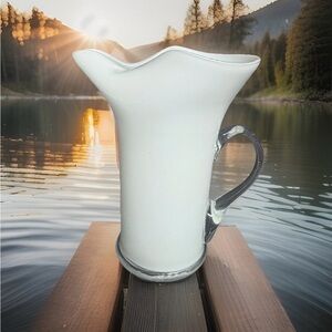 Vintage White Hand Blown Cased Glass Pitcher Clear Applied Handle MCM 7.5in